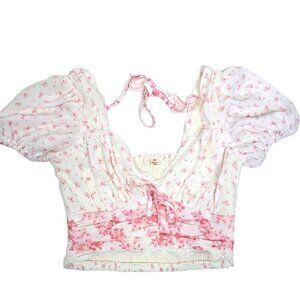 Vintage Y2K 90s Prairie Cottagecore Pink Wihte Floral Smocked Cropped Top